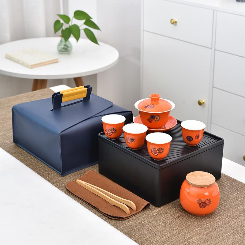 Creative ceramic travel tea set cover, cover bowl, cool pot, one pot, four cups, tea tray storage bag, business gift.