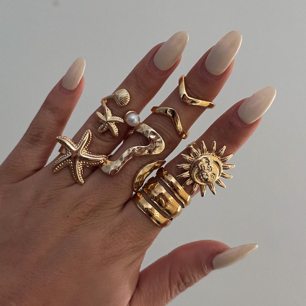 6Pcs Vintage Punk Flower Starfish Rings Set for Women Men Metal Multilayer Pearl Knuckle Ring Jewelry Daily Wear