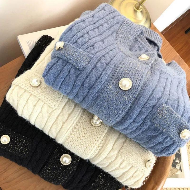 Short Knitted Cardigan Women's Solid Color Pearl Button Warm Coat Short Top New Fashion Simple Casual Commuting Spring Autumn