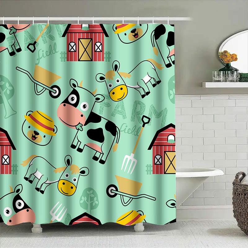 Duschvorhang mit Bauernhoftierdruck Badezimmerdeko Heimtextil Wasserdichter Stoff Blau Grün Gelb Kuh Pferd Roter Scheunenstil