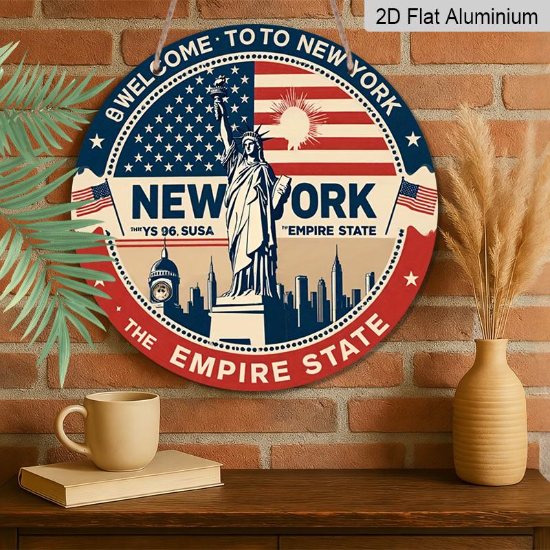 2D Flat, 1pc Round 4th of July New York Aluminum Hanging Sign, Vintage Statue of Liberty Empire State Patriotic Design, Retro Metal Wall Decor
