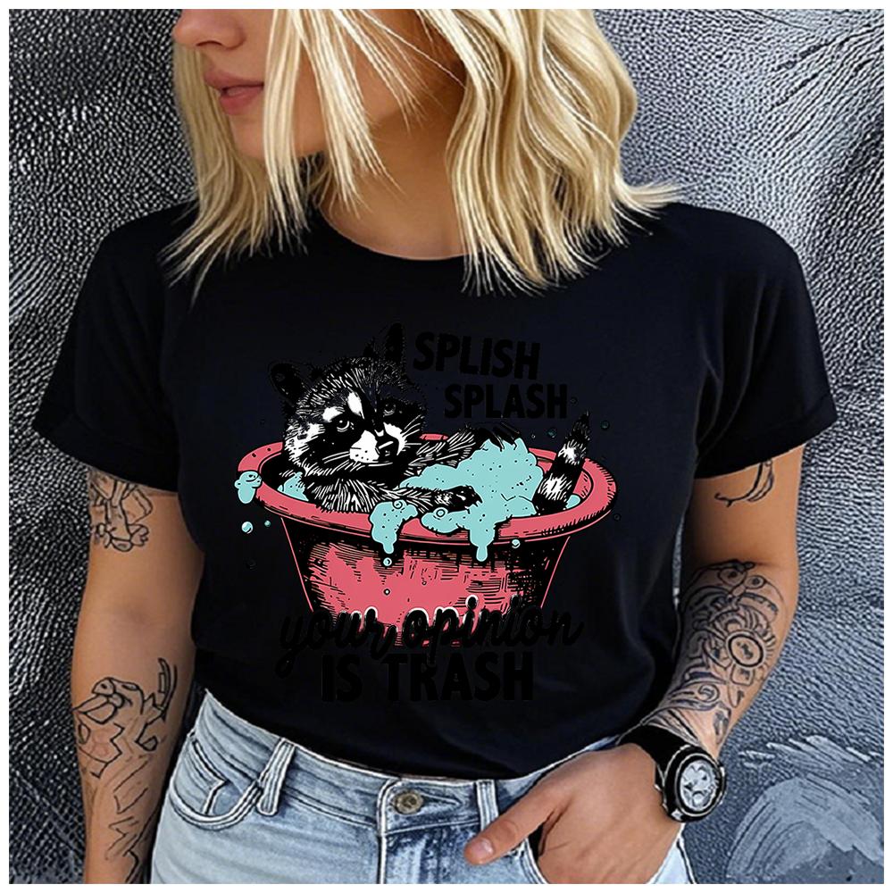Unisex 100% Polyester Summer Top raccoon is taking a bath in the red bathtub Print Loose round Neck Short Sleeve Fashion for Lovers