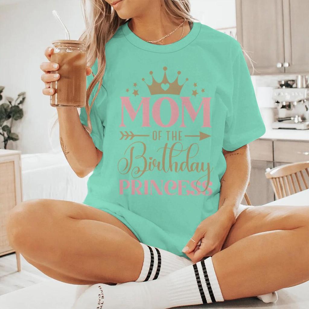 Mom Of The Birthday Princess Print T Shirts Aesthetic Crown Letter Pattern Tshirt Women Short Sleeve Fashion Streetwear Y2K Tops
