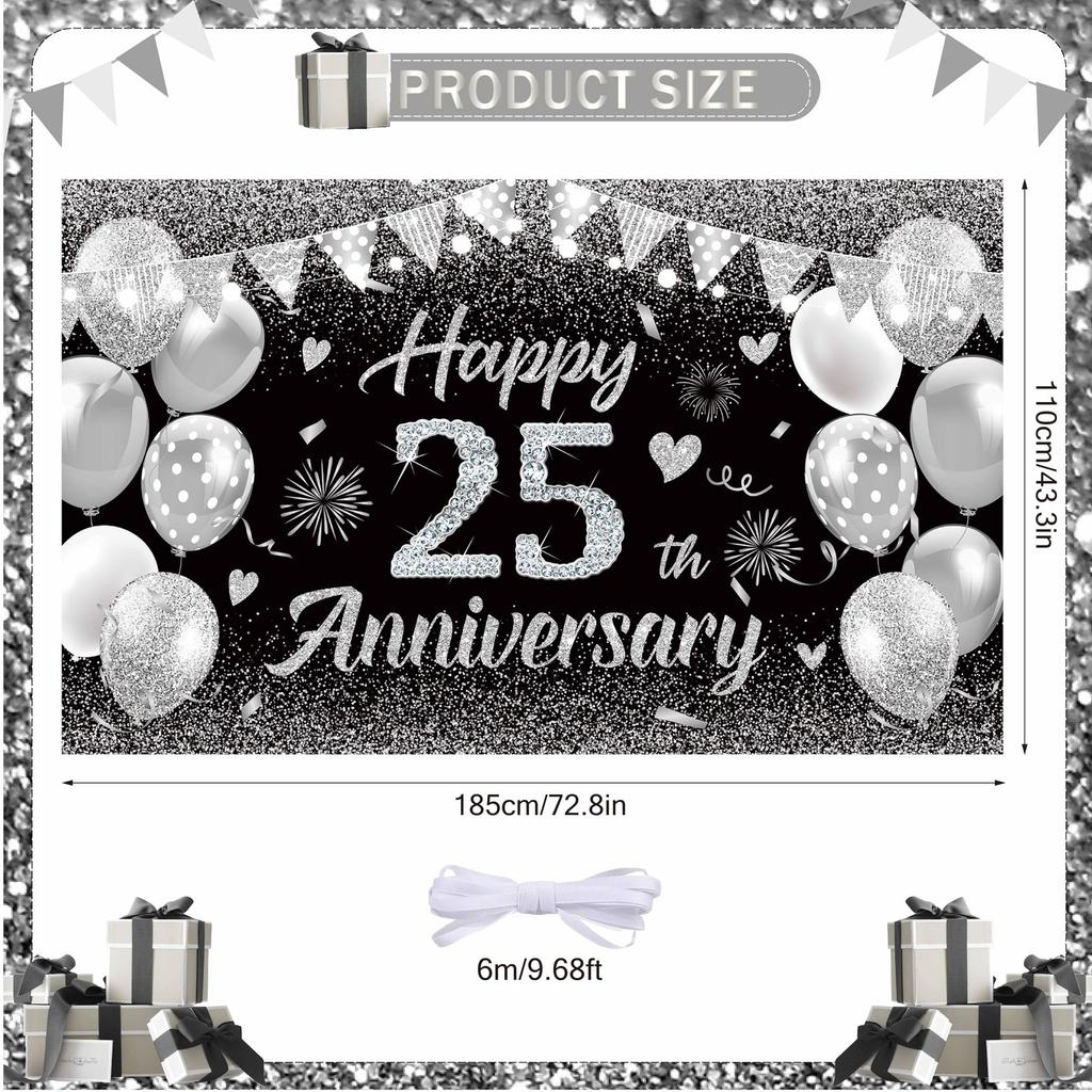 Happy 25th Anniversary Banner - Silver Black Wedding Anniversary Decorations...