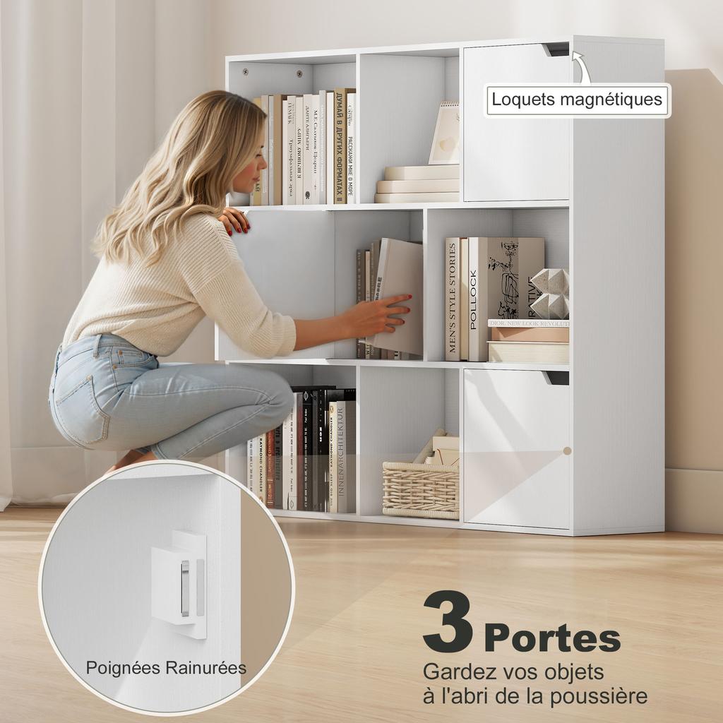 Raft depozitare bibliotecă 9 cuburi cu 3 uși și 6 compartimente deschise, 106 x 24 x 95 cm, alb