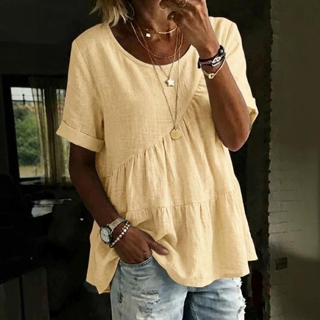 1116 European and American new women's casual and comfortable round neck solid color cotton and linen loose short sleeves