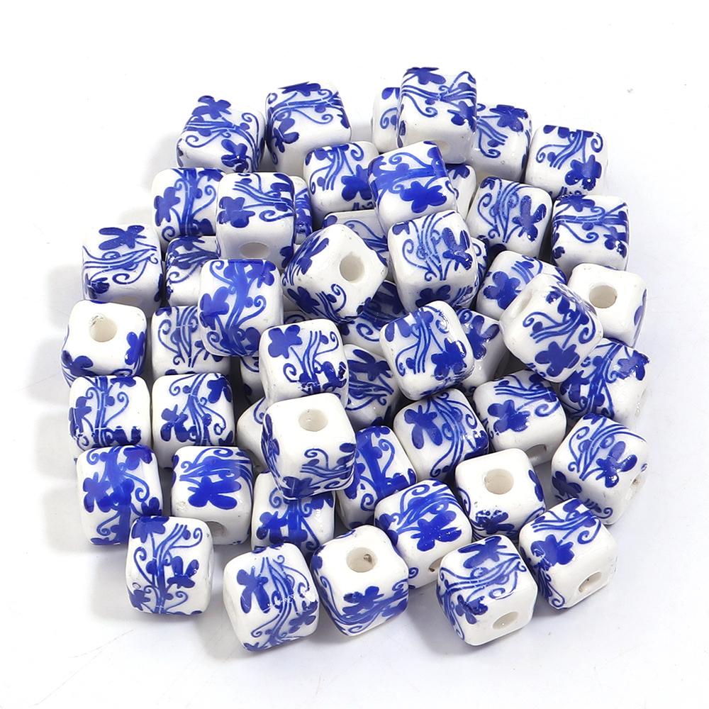 20pcs 8mm Flower Patterns Square Ceramic Beads Big Hole Porcelain Loose Beads For Jewelry Making DIY Bracelets Necklace Findings