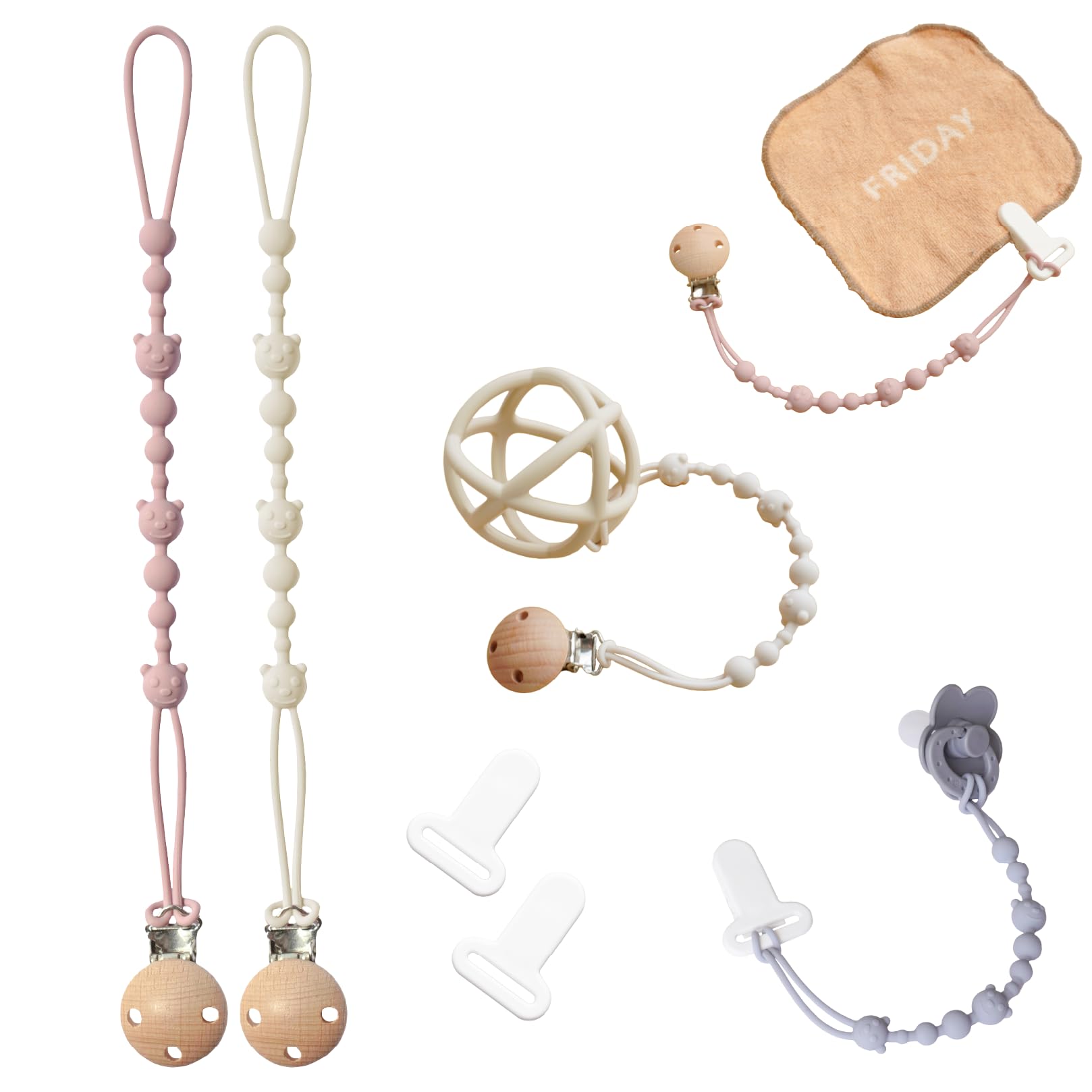 

Lightweight Pacifier Holder Set of 2 Interchangeable Wooden and Plastic Silicone Toy Toy Recommended by Childcare Drop Muted ichiiro Pink x [with