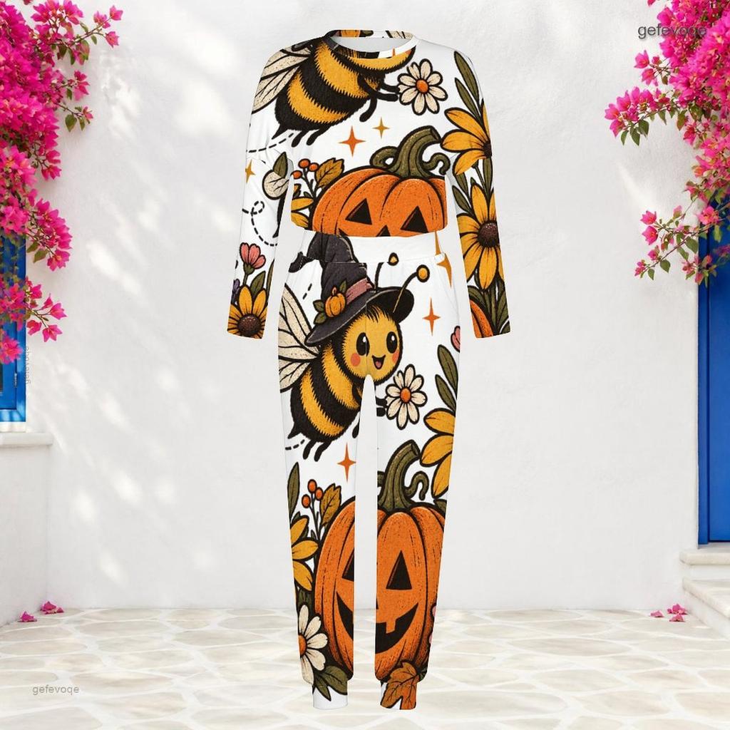 Women Plus Size Round Neck Long Sleeve Cat Printed Cuffed Top And Pants Two Piece Set