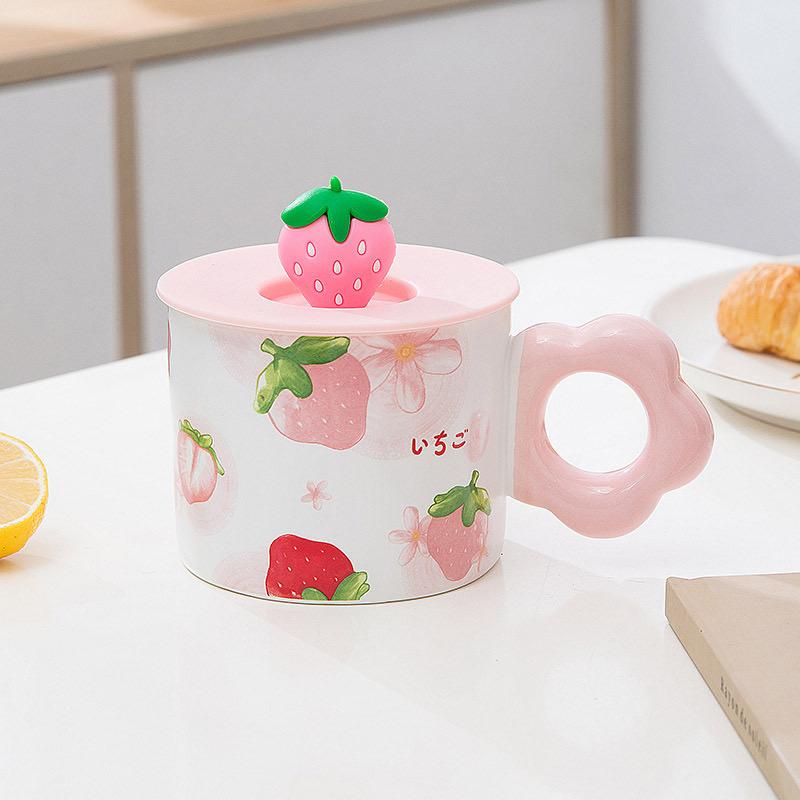 Cute Ceramic Cup Girl Heart with Lid and Spoon Mug Strawberry Large Capacity Creative Household Breakfast Coffee Cups