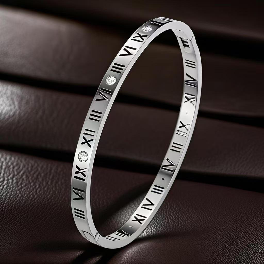 Stylish Roman Numeral Titanium Steel Bracelet with Diamond Clasp Design
