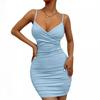 2024 Summer V-Neck Backless Spaghetti Strap Bodycon Dress - Ruched One-Piece for Women