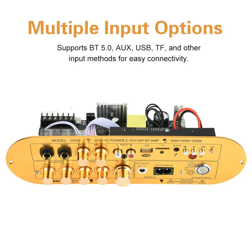 D900 2.1 Channel Bluetooth Amplifier Board High Power Subwoofer Digital Amp for Home Use DC 12-24V AC 110-220V 50W+50W+100W
