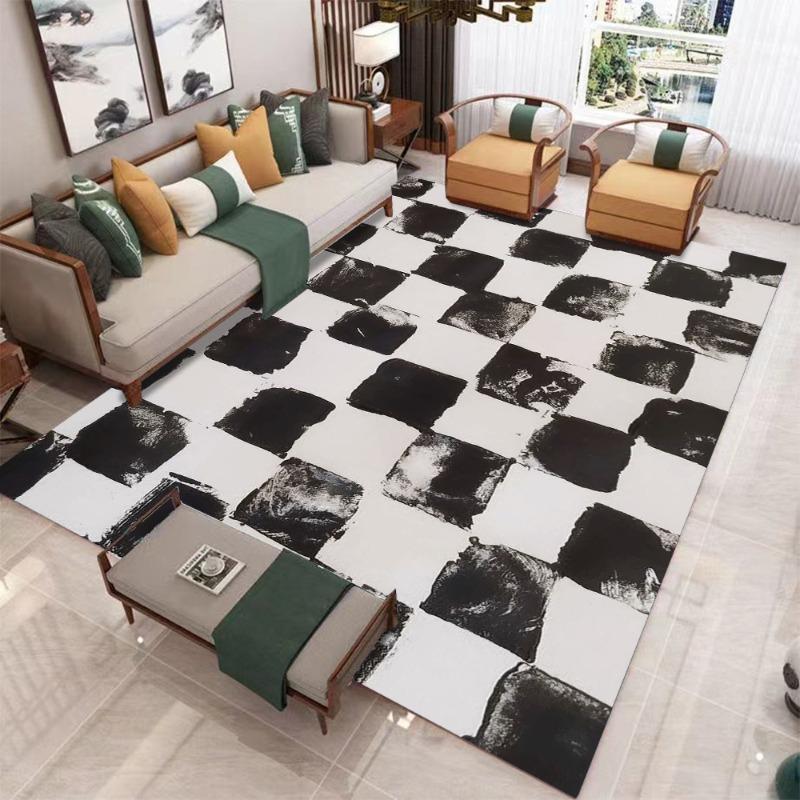 French Retro Rugs for Bedroom Checkerboard Living Room Decoration Carpet Ins Wind Plaid Bedside Floor Mat Large Area Plush Rug