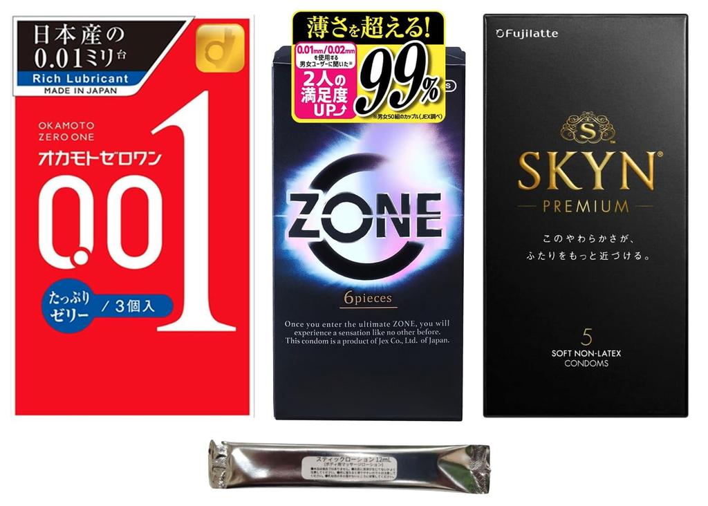 Condom comparison set Okamoto SKYN ZONE stick lotion 0.01mm
