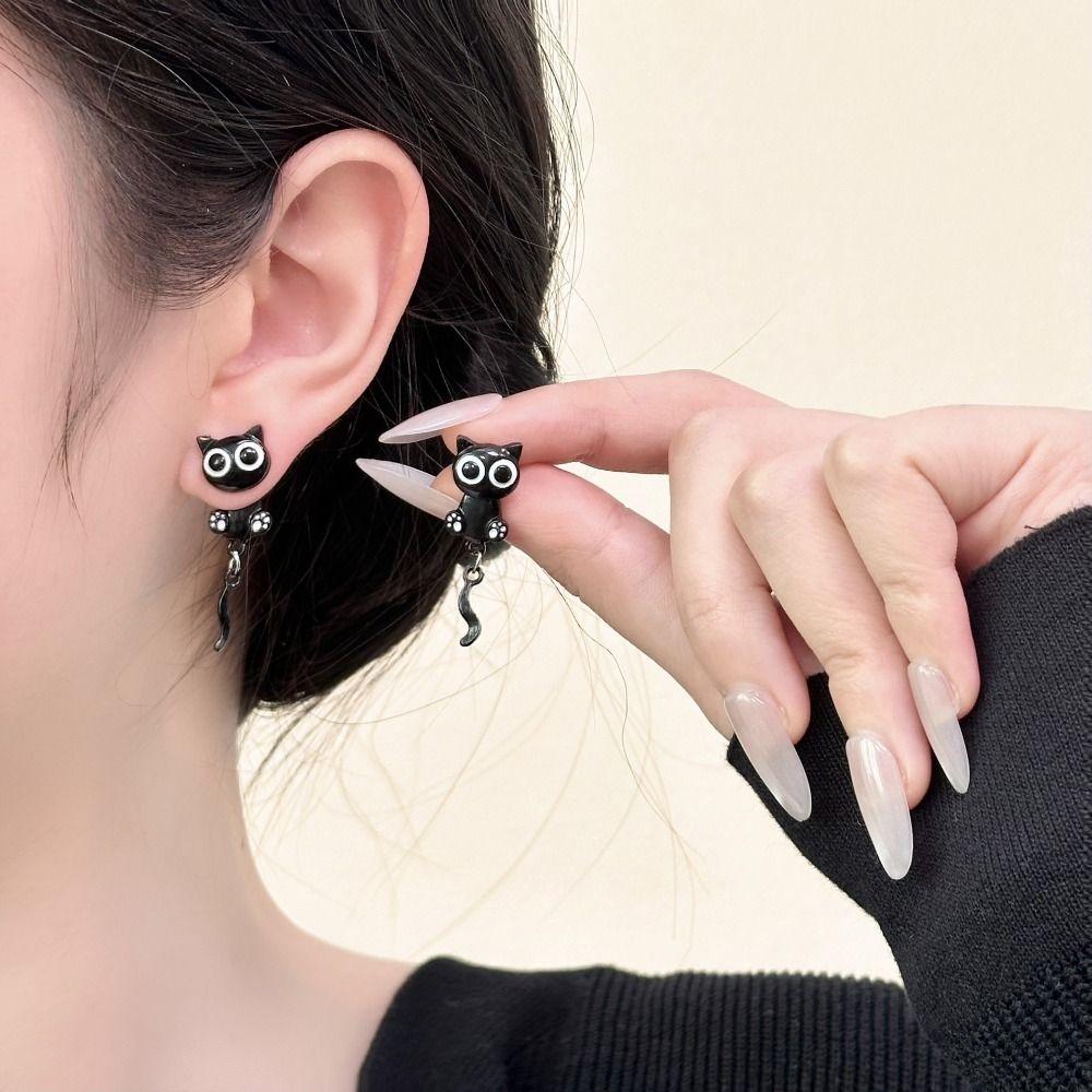 Sweet Black Cat Drop Earrings Alloy Light Luxury Earrings Black Kitten Earrings  For Girl Women