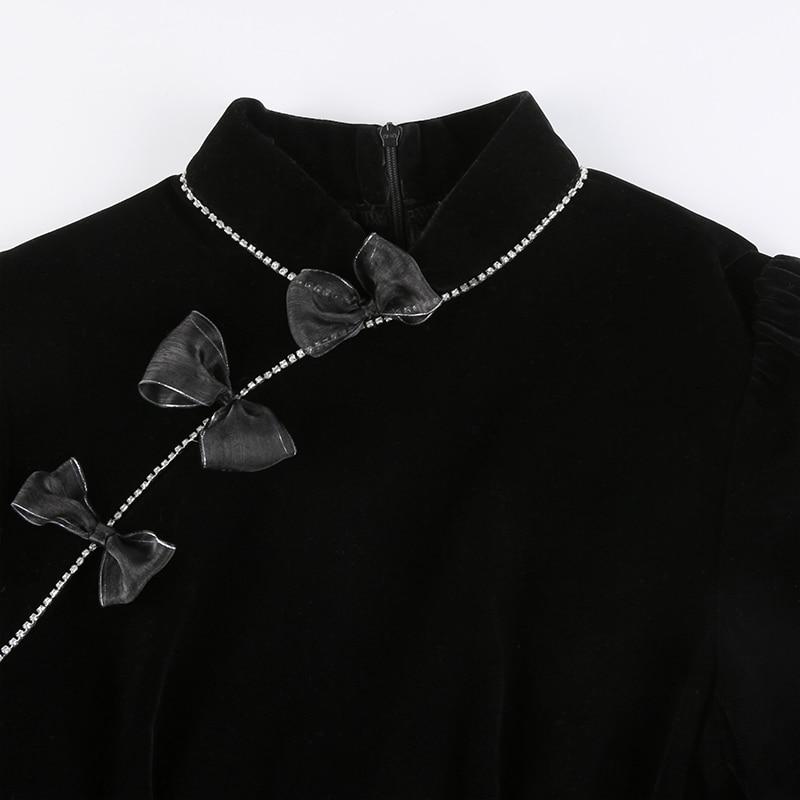 Cheongsam Darlingaga Vintage Elegante Gothic Dark Bow Velour Schwarzes Kleid Herbst Winter Chinesischer Stil Plissee Kleider Party Diamanten Kleidung