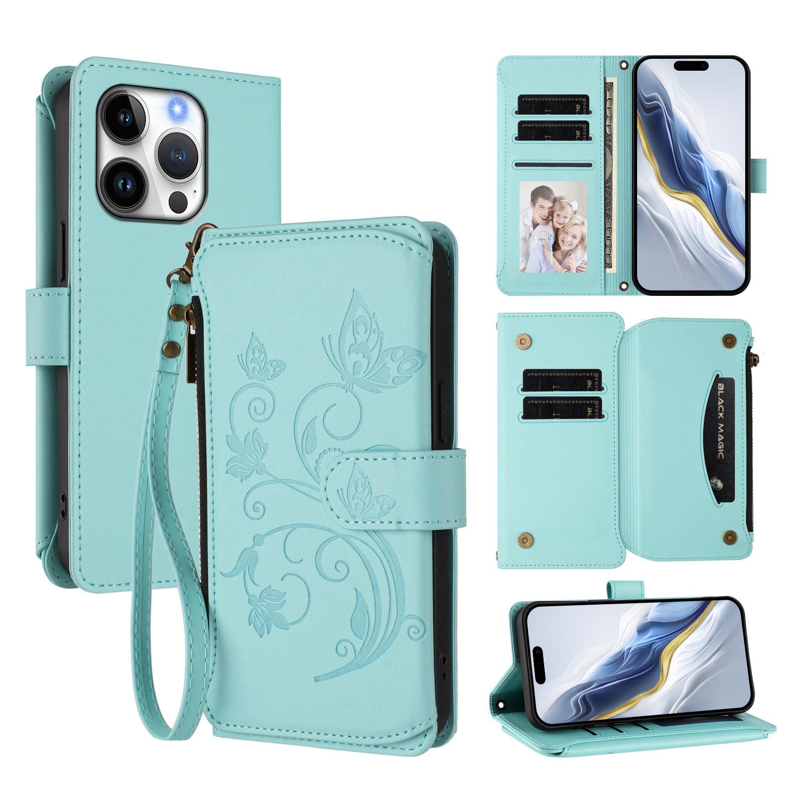 

For iPhone 16 Pro Leather Case Butterfly Floral Imprint Zipper Wallet Stand Cover with Wrist Strap Mint Green