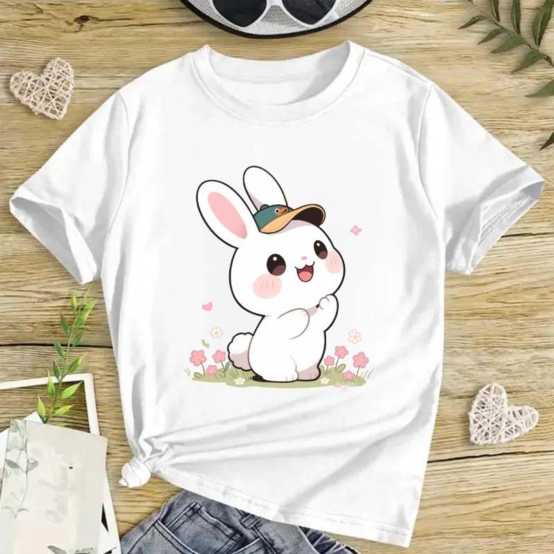 Kids Cute Cartoon Bunny Graphic Crewneck Short Sleeve T-Shirt 110 белый