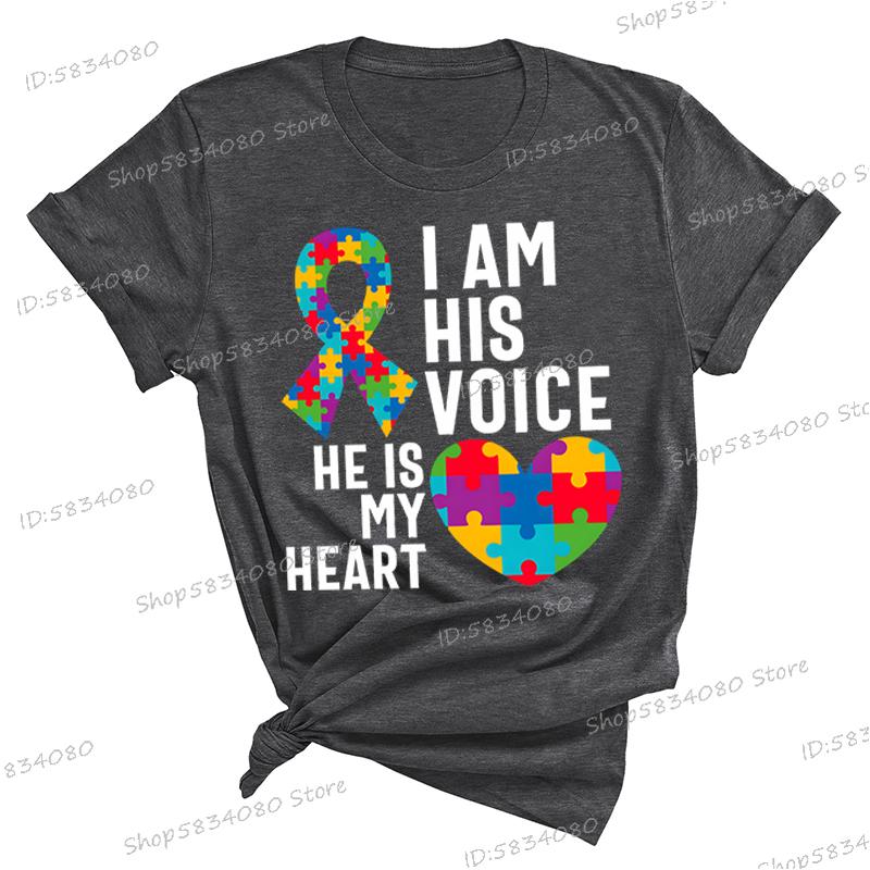

I Am His Voice He Is My Heart Shirt Autism Mom Tshirt Autism Heart Puzzle Graphic T Shirts Women Proud Mom Autism Classic Tops 4XL