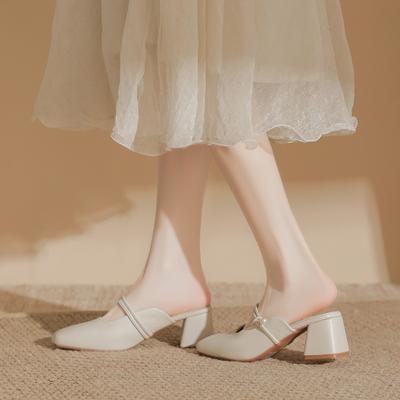 Baotou halve pantoffels dames zomer buitenkleding vierkante neus dikke hak hoge hak sandalen dames Vietnam