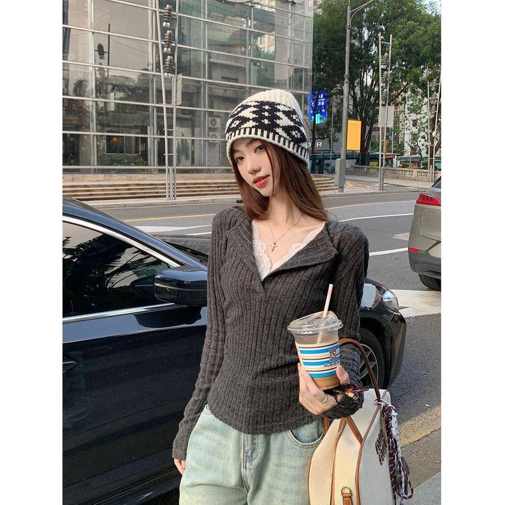 Gray Lace V-Neck Knit Top - Autumn/Winter Slim Fit Long Sleeve Base Layer