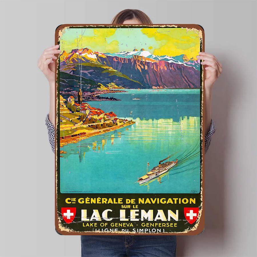 Винтажный пейзаж Женевского озера Металлическое настенное искусство Швейцарский туристический декор Ностальгический круиз Горный плакат Декор для дома 20x30cm（7.8x11.8inch）