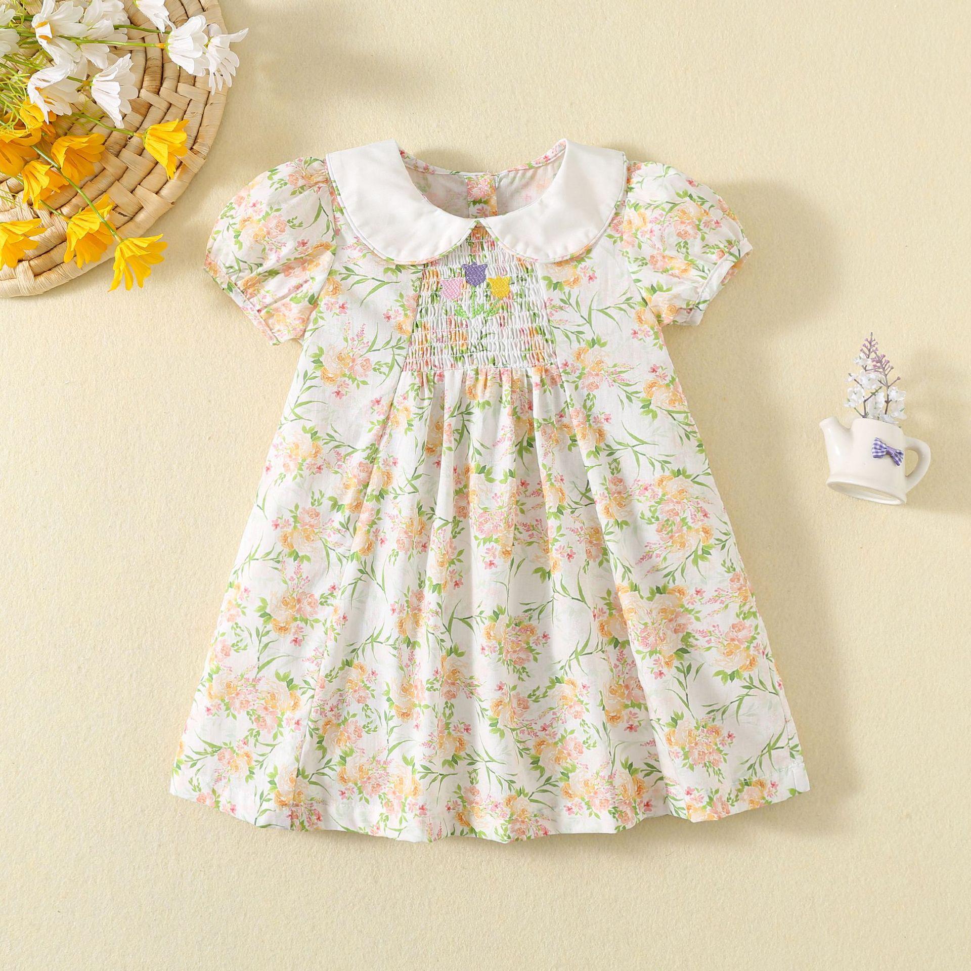 Summer Girls Floral Smocked Dress Sweet Embroidered Peter Pan Collar Cotton Breathable Princess Party Dress for Kids 80cm