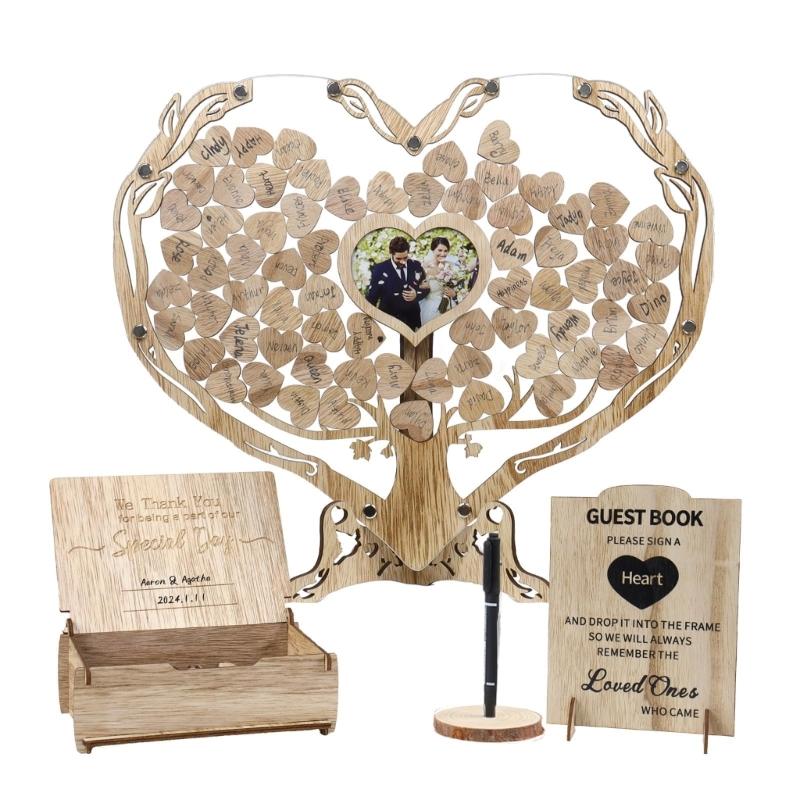 Romantics Wooden Wedding Guest Book With Heart Picture Frame For Bridals Shower And Anniversary Celebration