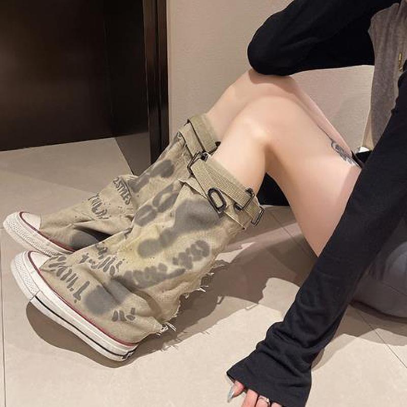 Women's Spring Graffiti High Canvas Boots Round Head Middle Follow Anti Slip Boots Women Leisure Fashion Rubber