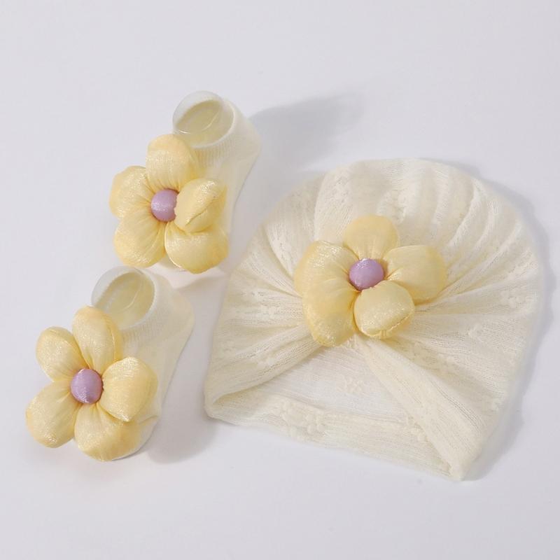 Baby Turban Hat Soft Stretchy Flower Headwear for Infant Stylish Bonnet Caps with Matching Socks Clothing Accessory