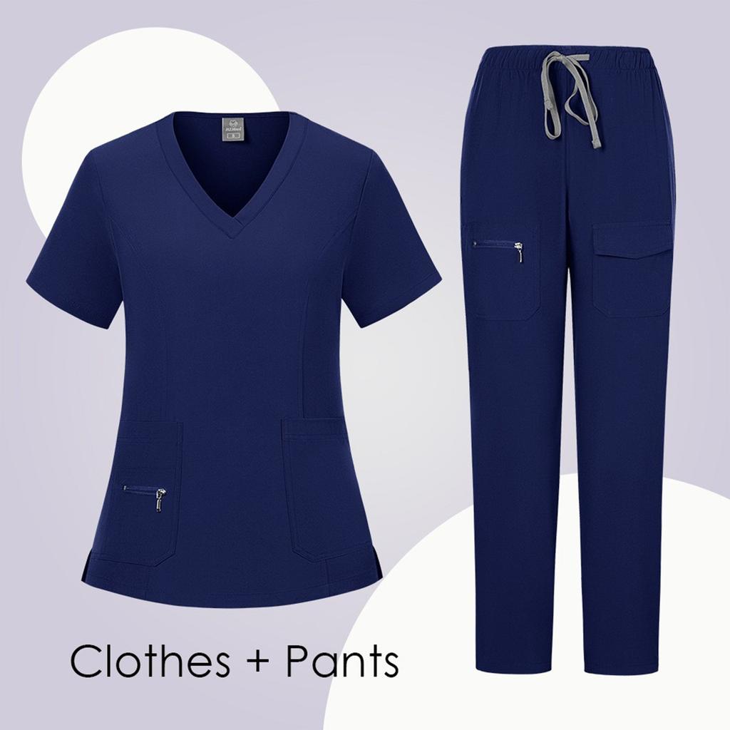 Women's Short Sleeved Solid Color V-Neck Pocket Top Pants Work Clothes Two Piece Set