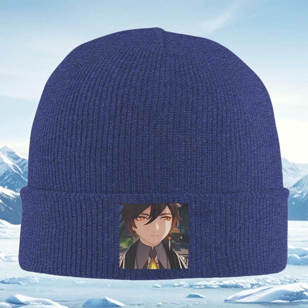Anime Man Face Golden Earrings Dark Hair Men Women Unisex Knitted Hat Beanie Pullover Cap Winter Thermal Warm Christmas Outdoor
