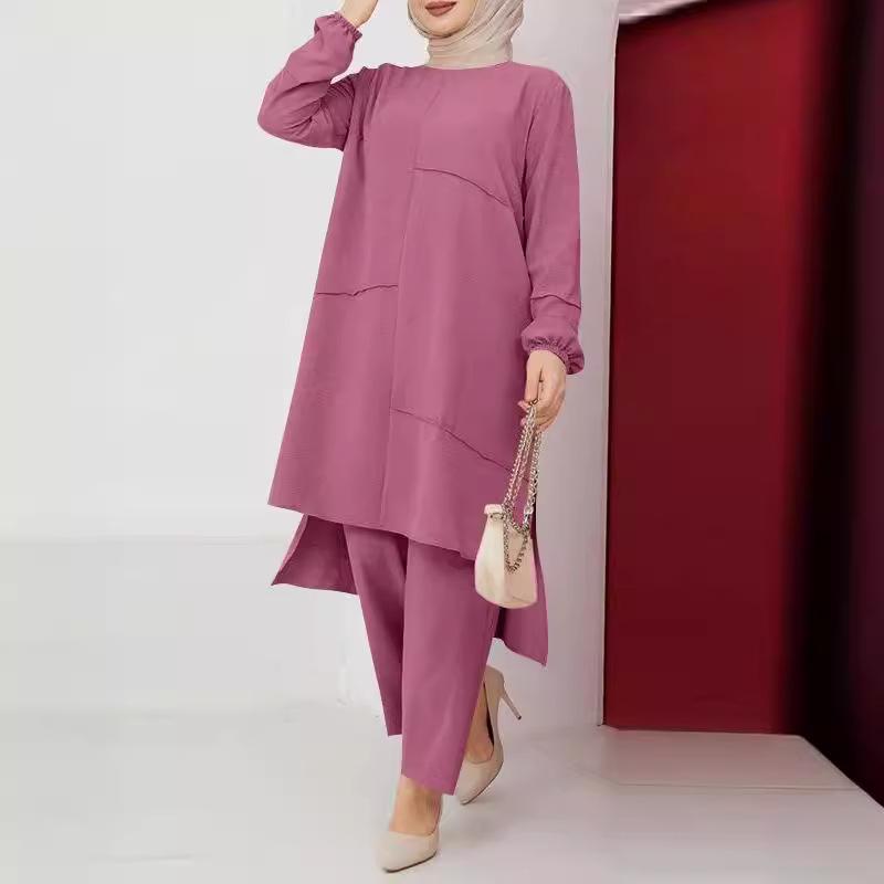 2026 Elegant Puff Sleeve Shirt & Wide Leg Pants Set for Muslim Women
