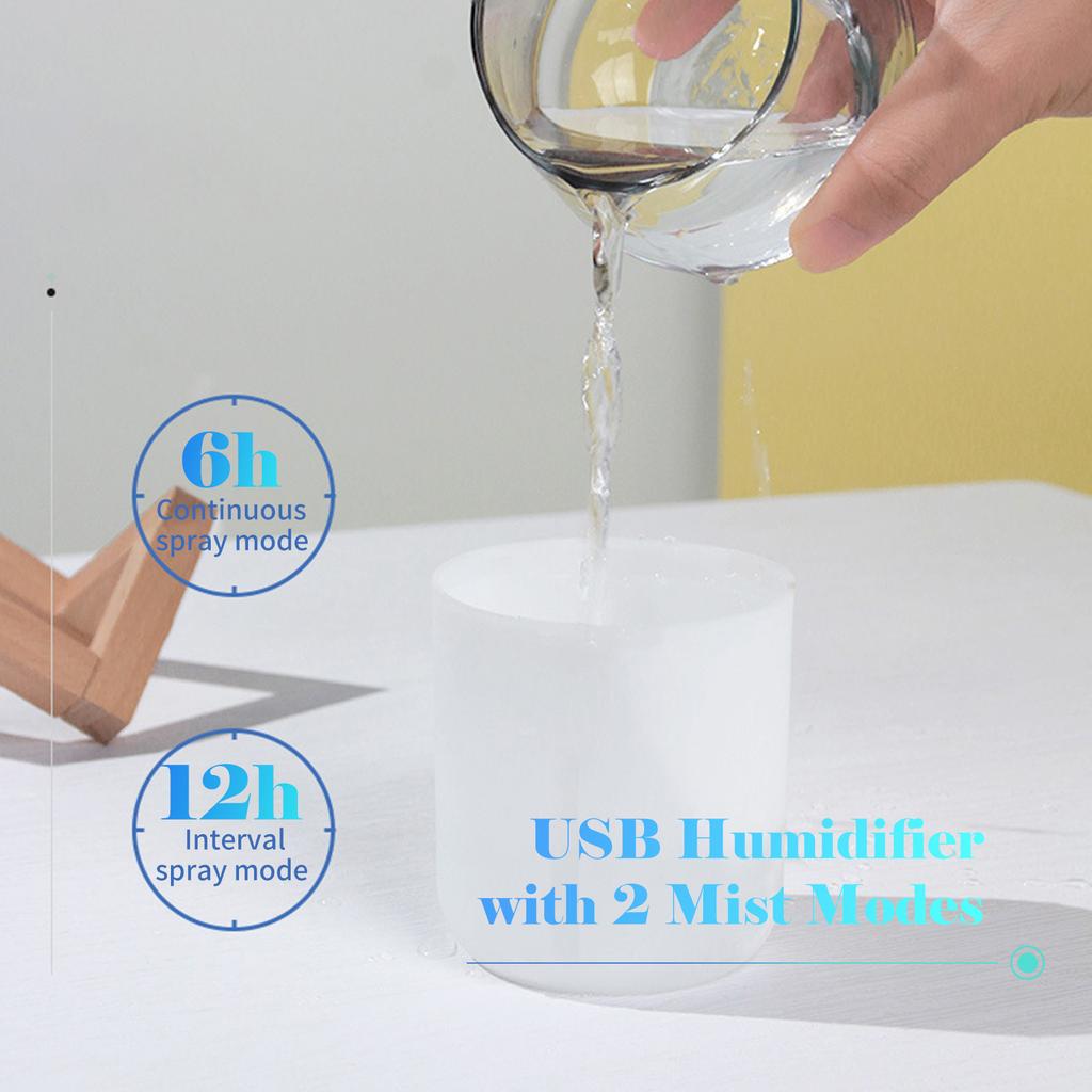 330mL Colorful Mist Humidifier Diffuser Portable 7-color Night Light Quiet USB Humidifier with 2