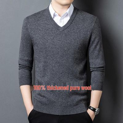 500g Men's Thick Wool V-Neck Sweater - 100% Pure Wool, Solid Color, Autumn/Winter Knitwear