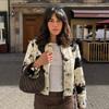 Womens Vintage Cow Print Faux Suede PU Leather Biker Jacket Short Cropped Collar Metal Button Outerwear Fall Winter
