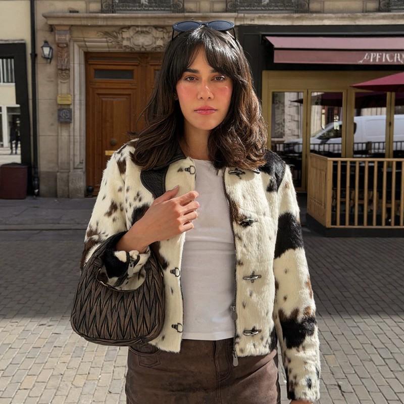 Womens Vintage Cow Print Faux Suede PU Leather Biker Jacket Short Cropped Collar Metal Button Outerwear Fall Winter