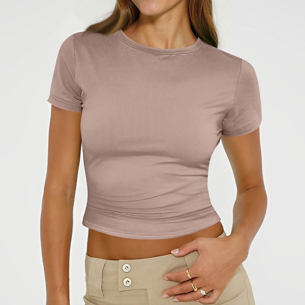Ladies Summer Fashion Casual Color Round Neck Short Sleeve Slim Ribbed Top
