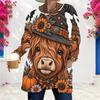 Women Plus Size Round Neck Long Sleeve T Shirt Cute Teddy Bear Pumpkin Print Loose Longline With Pockets