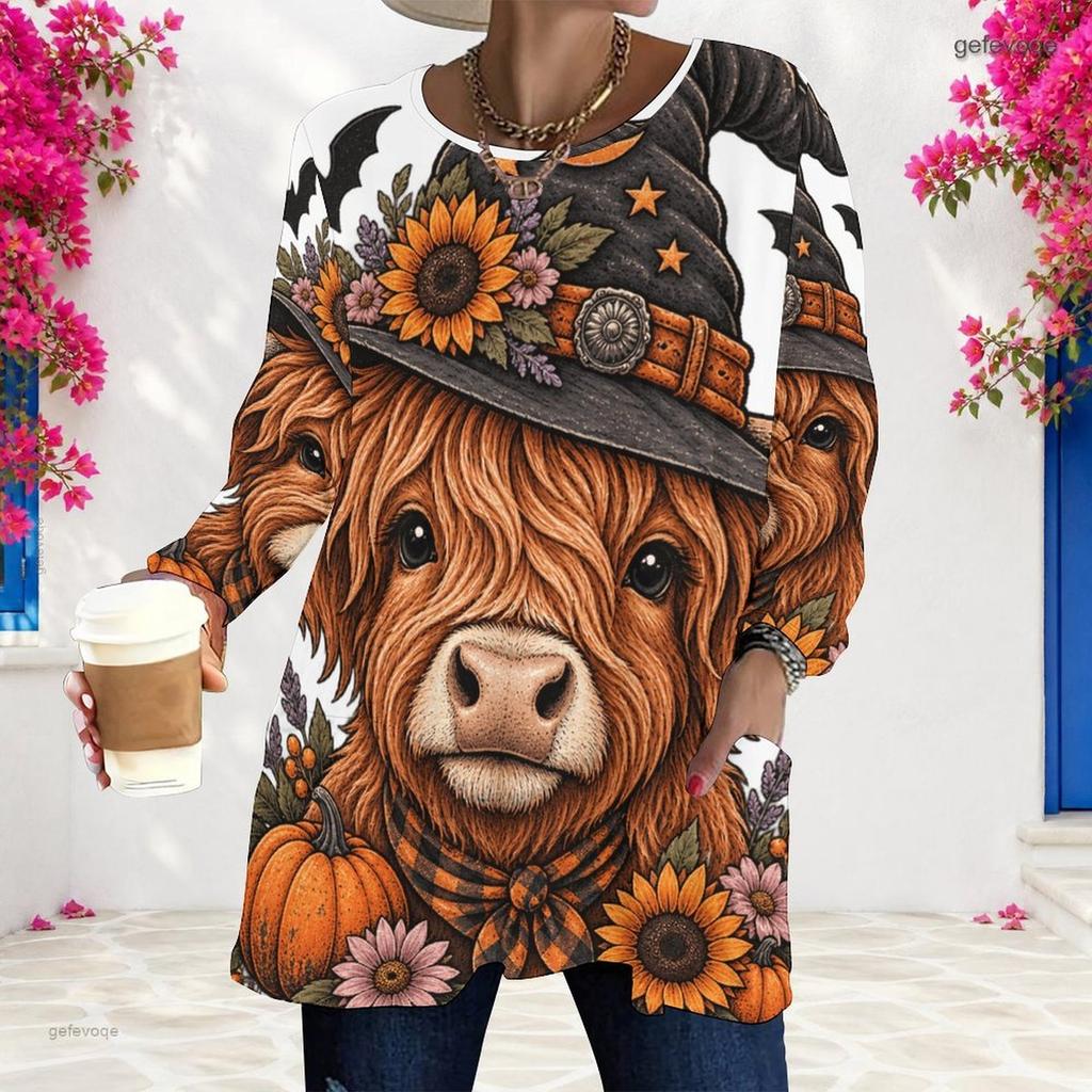 Women Plus Size Round Neck Long Sleeve T Shirt Cute Teddy Bear Pumpkin Print Loose Longline With Pockets