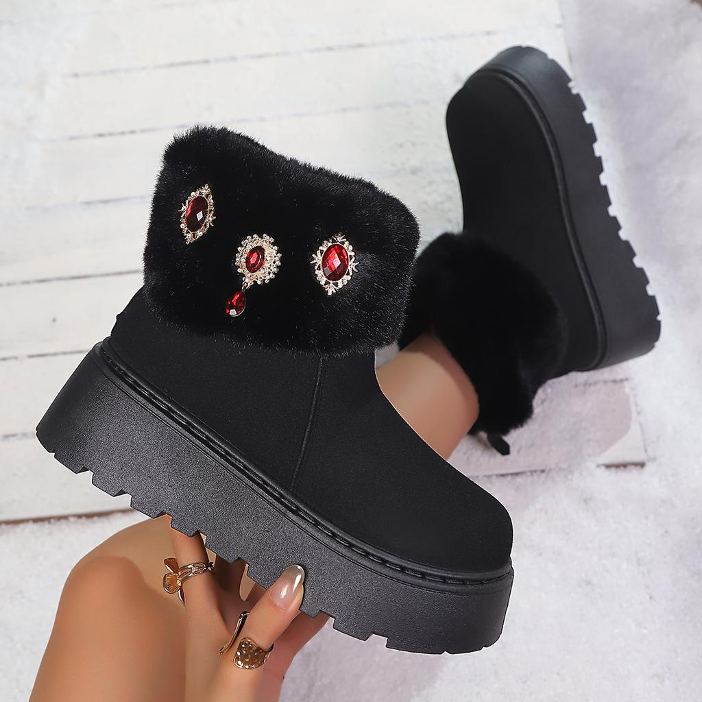 Shiny Rhinestone Chunky Platform Snow Boots Women Non Slip Thick Bottom Cotton Shoes Woman Winter Warm Thicken Plush Ankle Botas