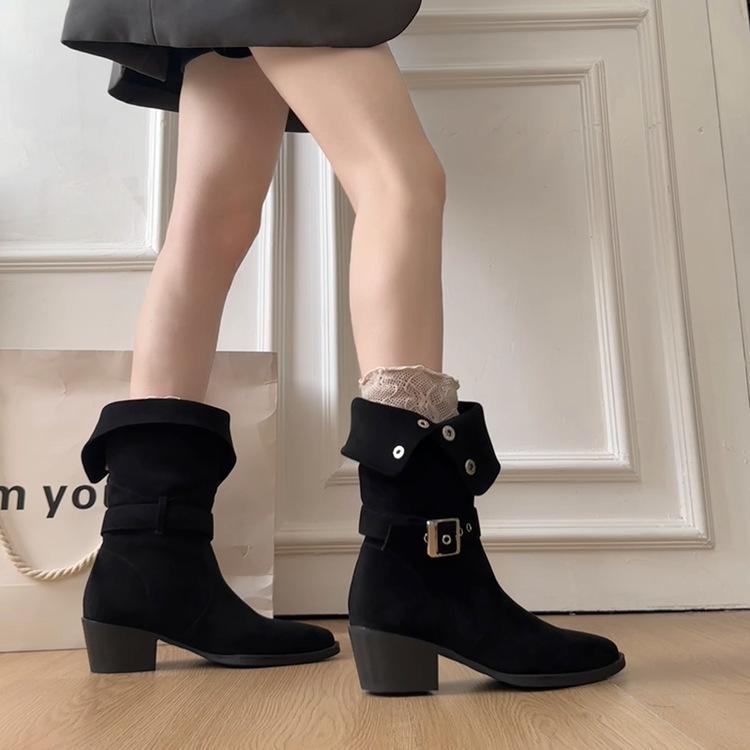 Rindslederversion~ Gürtelschnalle zwei Tragevarianten Ritterstiefel 2025 neue Wüsten-Western-Cowboystiefel plissierte mittelhohe Stiefel mit Stacking-Absatz