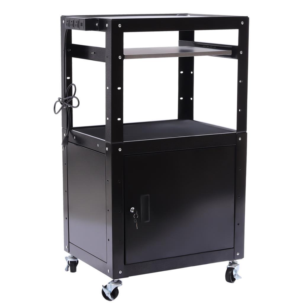 Steel Large AV Cart with Extra Storage - Adjustable Height Cart with Locking Cabinet, Pullout Tray, Power Strip,Easy To Assemble