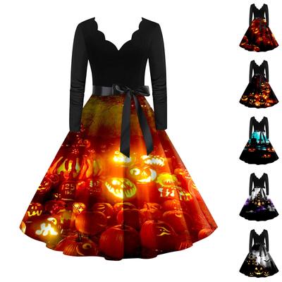 Halloween Print Flare Dress For Women Long Sleeve Dress Hollow Party Casual Dresses