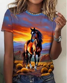Women's T-Shirt Summer Vintage Women's T-Shirt Horse 3D Printed T-Shirt Men's and Women's Fashion, Comfortable, Crew Neck, Short Sleeve T-Shirt