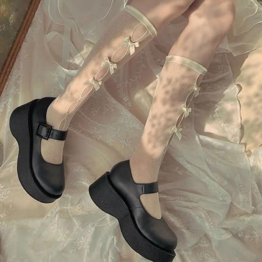 Lolita Summer Thin Girls Stockings Girls Summer JK Black White Calf Socks Japanese Lace Bow Hollow Mid-thigh Tignts Long Socks