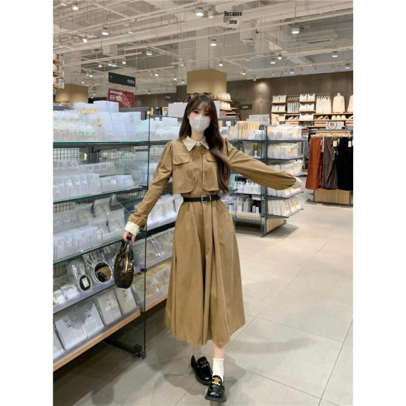 Autumn/Winter 2025 Waist-cinching Hepburn Style Corduroy Color-block Dress for Women L