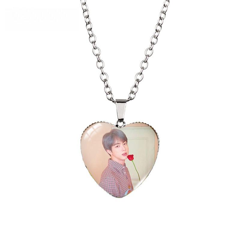 BTS Heart Pendant Necklace, Bangtan Boys Group Photo Pink Flower Field Photo Necklace, Kpop ARMY Fans Jewelry Gift