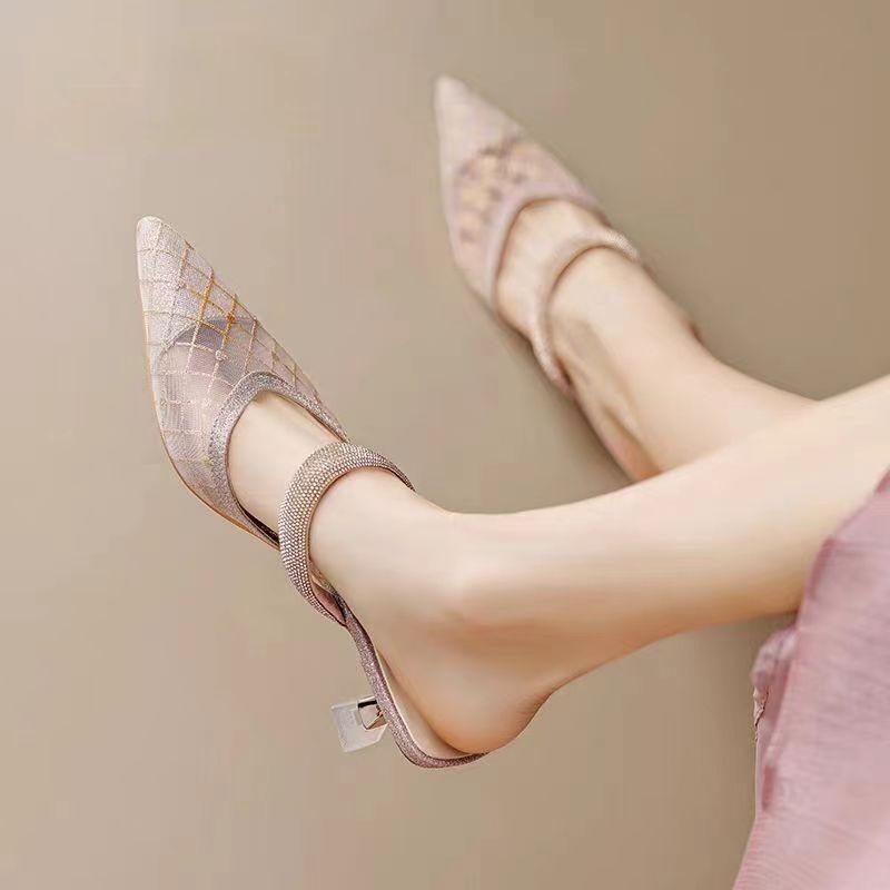 Summer French Pointed Flat Bottom Wear-resistant Splicing Versatile Comfortable Low Heel Simple Bag Head Sandals Women